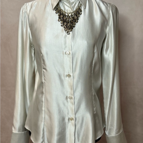 Giorgio Armani Tops - Giorgio Armani 100% Silk Silver & Black Pinstripe Button-Up Blouse Size 40 (6)